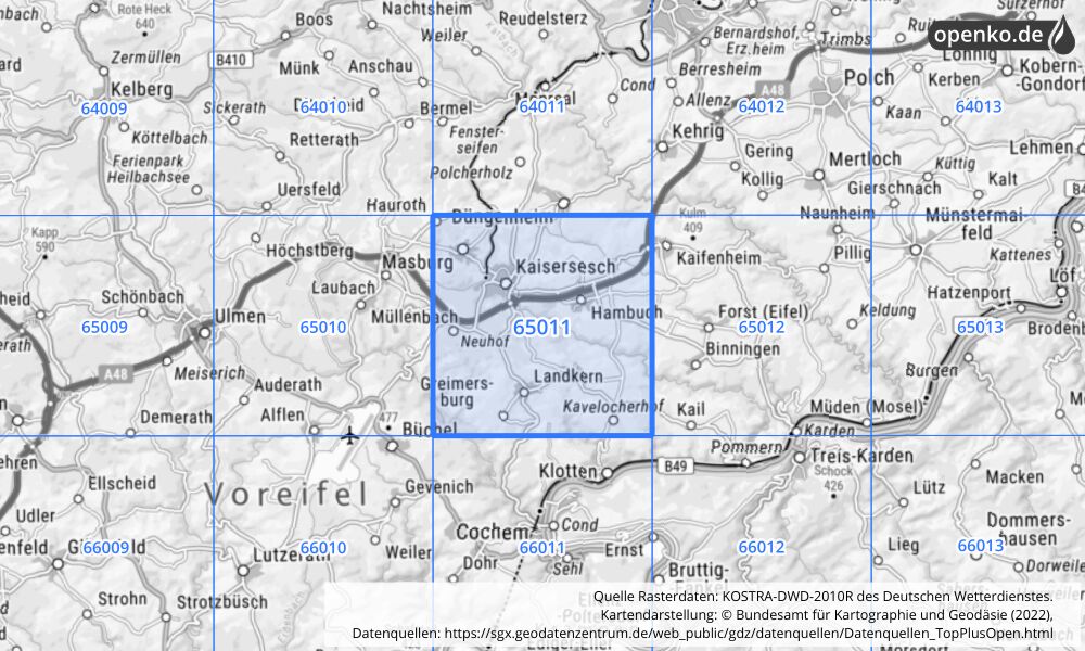 Übersichtskarte KOSTRA-DWD-2010R Rasterfeld Nr. 65011 mit angrenzenden Feldern