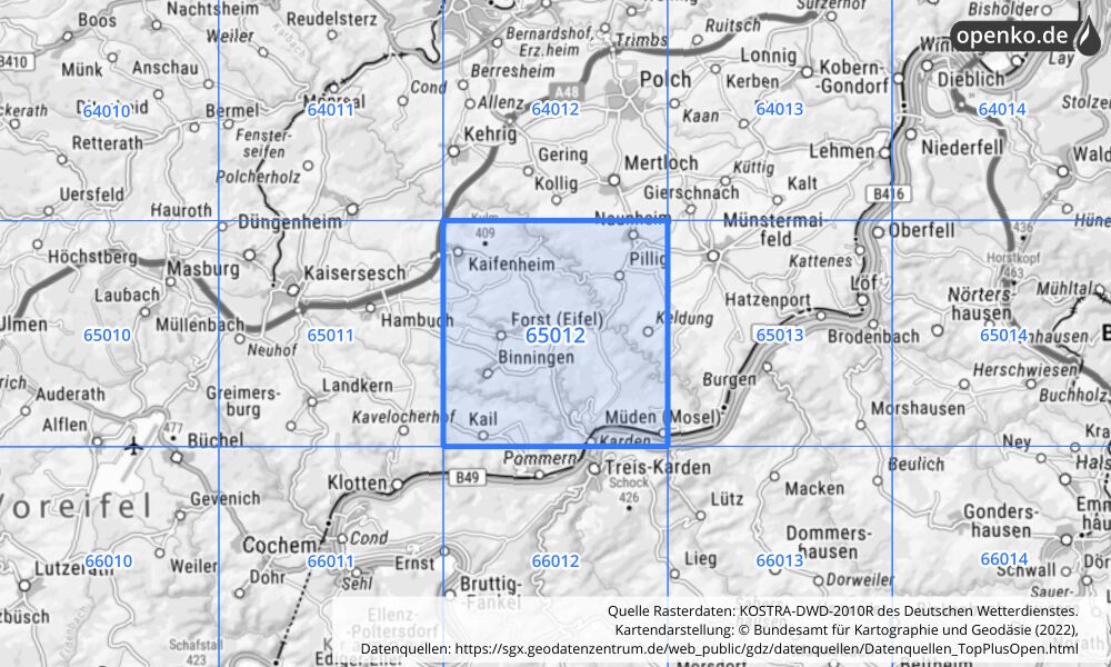 Übersichtskarte KOSTRA-DWD-2010R Rasterfeld Nr. 65012 mit angrenzenden Feldern