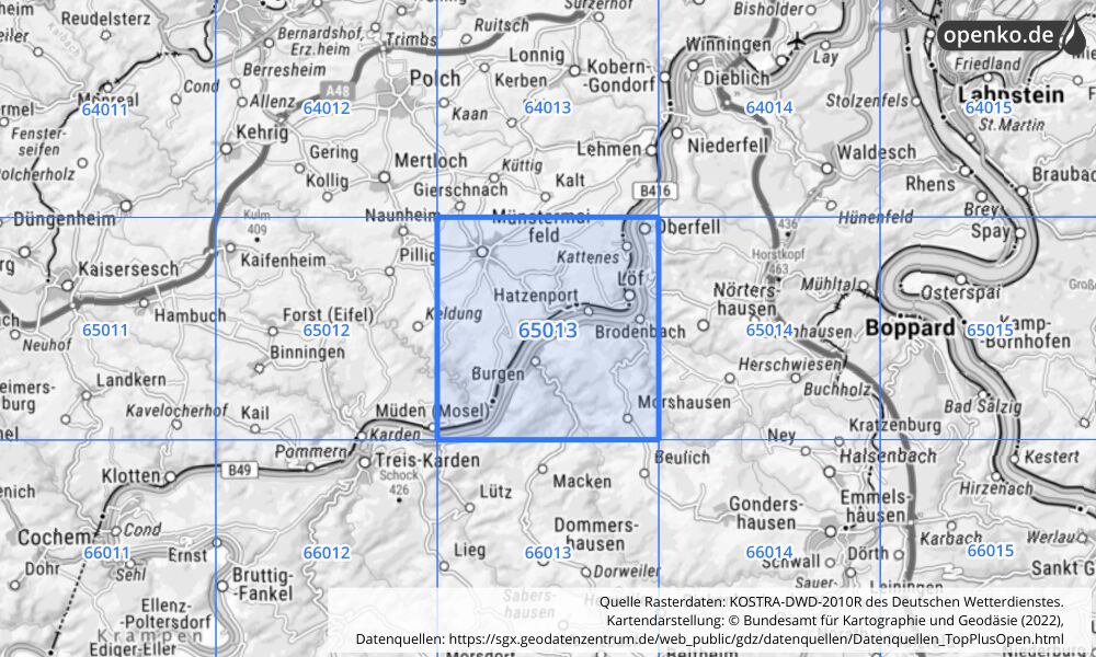 Übersichtskarte KOSTRA-DWD-2010R Rasterfeld Nr. 65013 mit angrenzenden Feldern