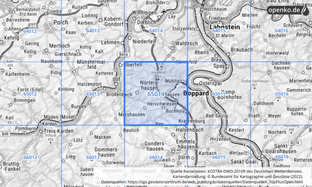 Übersichtskarte KOSTRA-DWD-2010R Rasterfeld Nr. 65014 mit angrenzenden Feldern