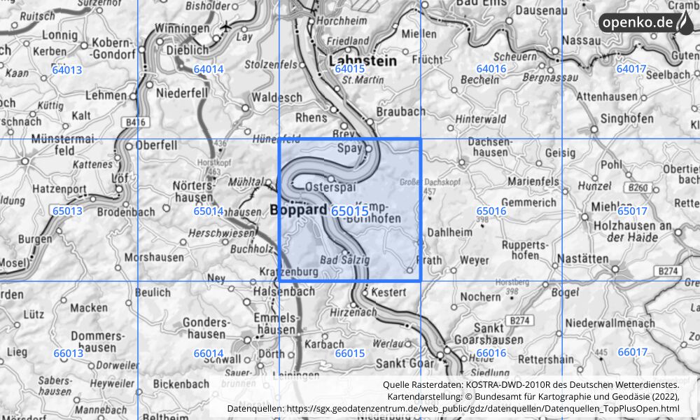 Übersichtskarte KOSTRA-DWD-2010R Rasterfeld Nr. 65015 mit angrenzenden Feldern