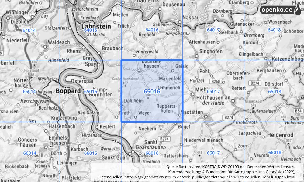 Übersichtskarte KOSTRA-DWD-2010R Rasterfeld Nr. 65016 mit angrenzenden Feldern