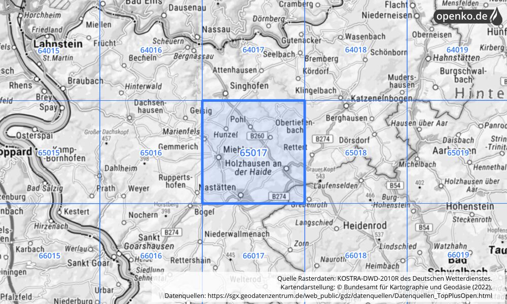 Übersichtskarte KOSTRA-DWD-2010R Rasterfeld Nr. 65017 mit angrenzenden Feldern