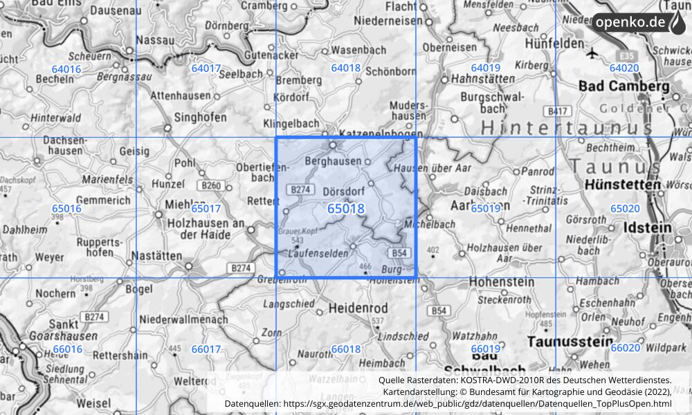 Übersichtskarte KOSTRA-DWD-2010R Rasterfeld Nr. 65018 mit angrenzenden Feldern