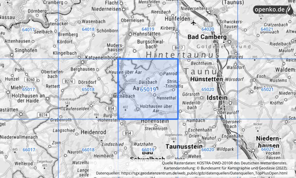 Übersichtskarte KOSTRA-DWD-2010R Rasterfeld Nr. 65019 mit angrenzenden Feldern