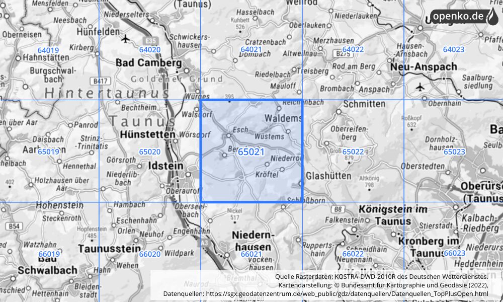 Übersichtskarte KOSTRA-DWD-2010R Rasterfeld Nr. 65021 mit angrenzenden Feldern