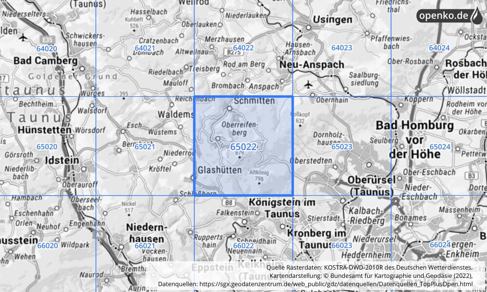 Übersichtskarte KOSTRA-DWD-2010R Rasterfeld Nr. 65022 mit angrenzenden Feldern