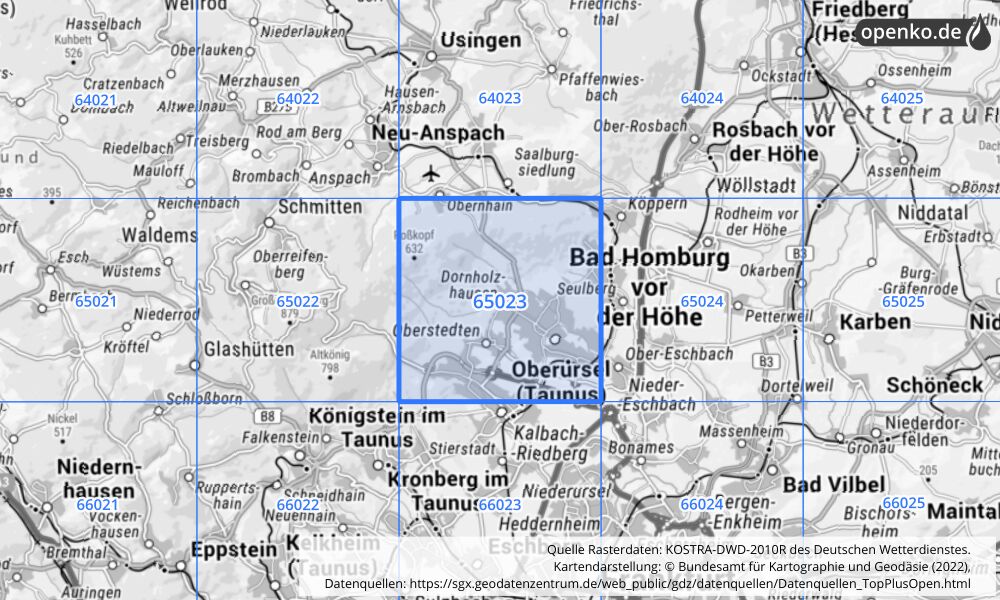 Übersichtskarte KOSTRA-DWD-2010R Rasterfeld Nr. 65023 mit angrenzenden Feldern