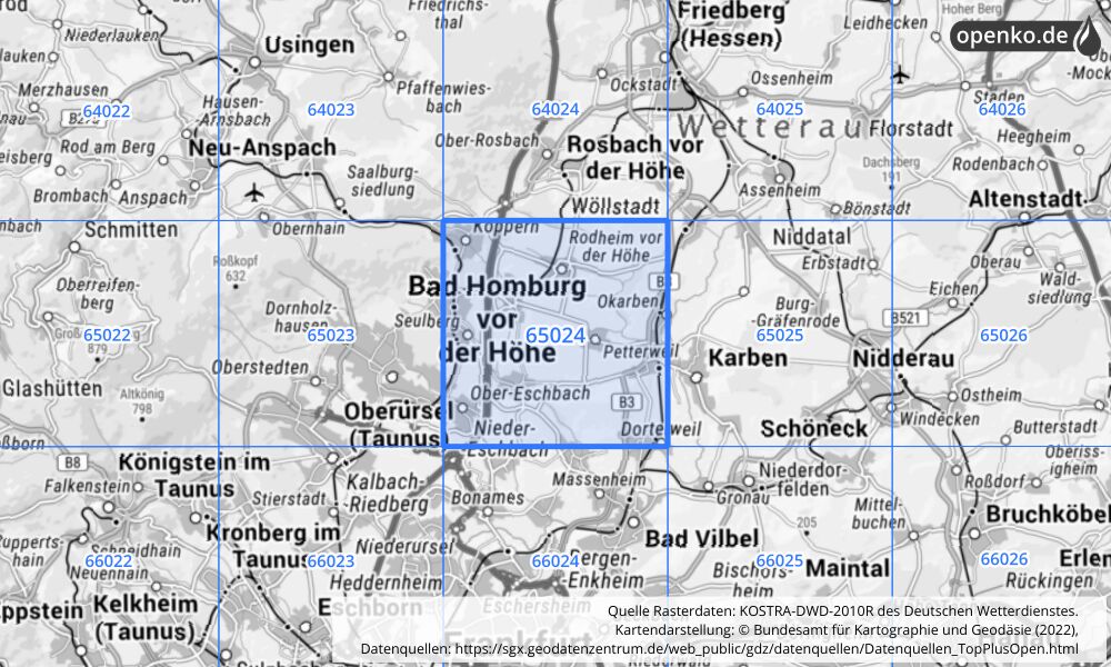 Übersichtskarte KOSTRA-DWD-2010R Rasterfeld Nr. 65024 mit angrenzenden Feldern