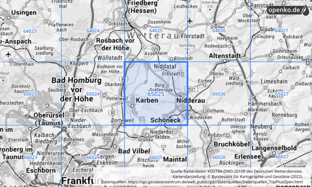 Übersichtskarte KOSTRA-DWD-2010R Rasterfeld Nr. 65025 mit angrenzenden Feldern