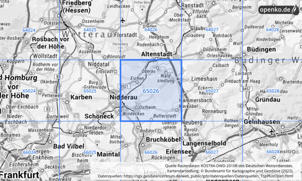 Übersichtskarte KOSTRA-DWD-2010R Rasterfeld Nr. 65026 mit angrenzenden Feldern