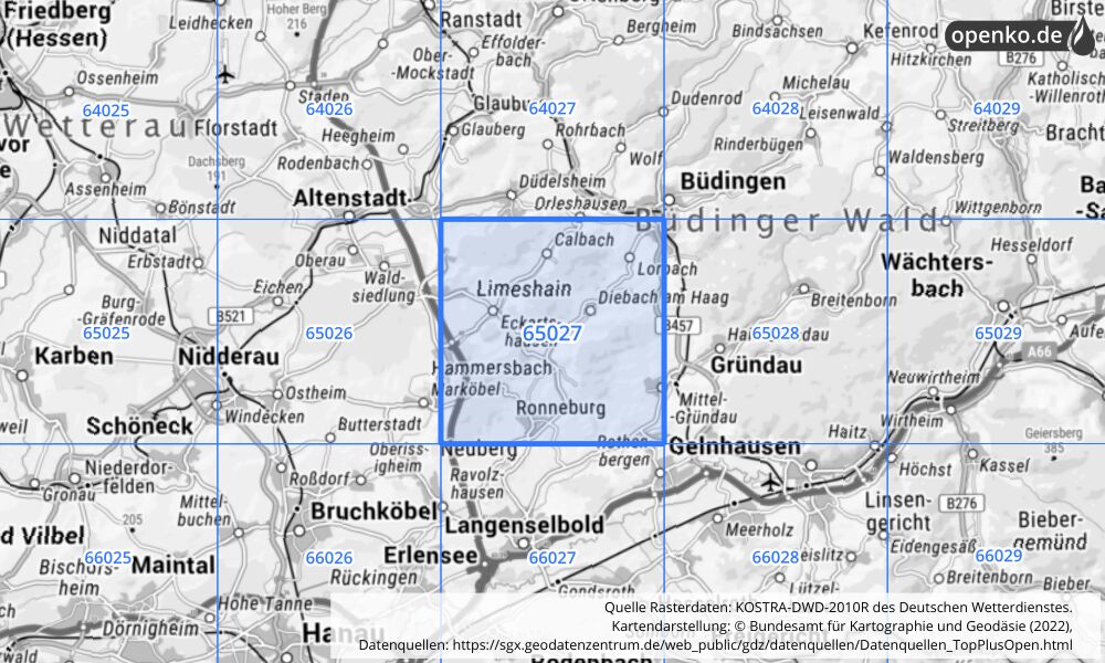 Übersichtskarte KOSTRA-DWD-2010R Rasterfeld Nr. 65027 mit angrenzenden Feldern