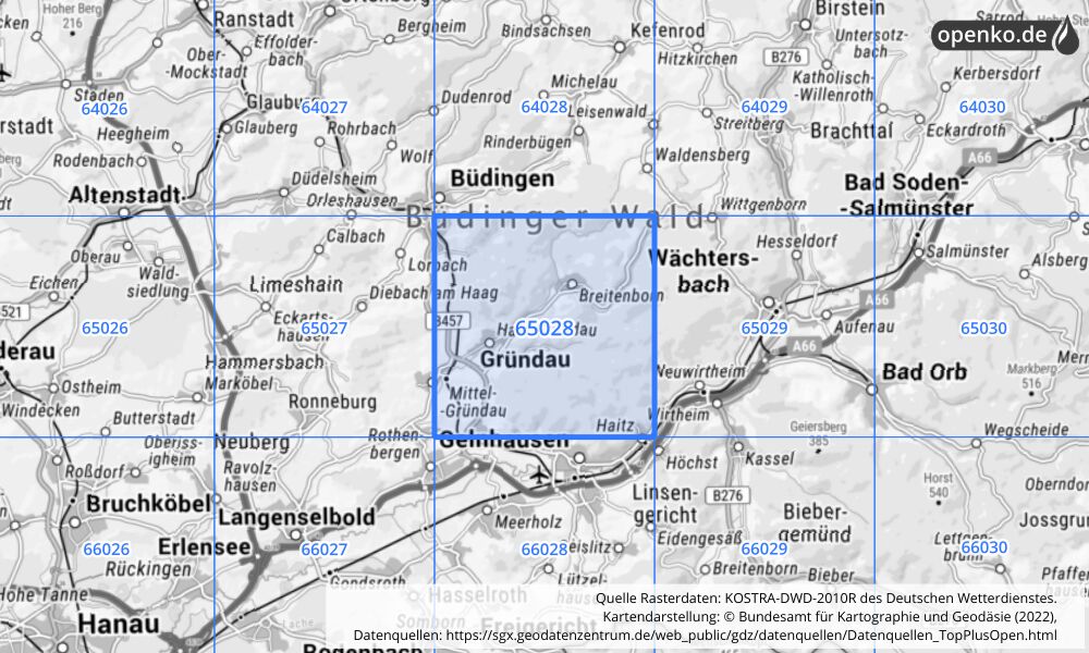 Übersichtskarte KOSTRA-DWD-2010R Rasterfeld Nr. 65028 mit angrenzenden Feldern