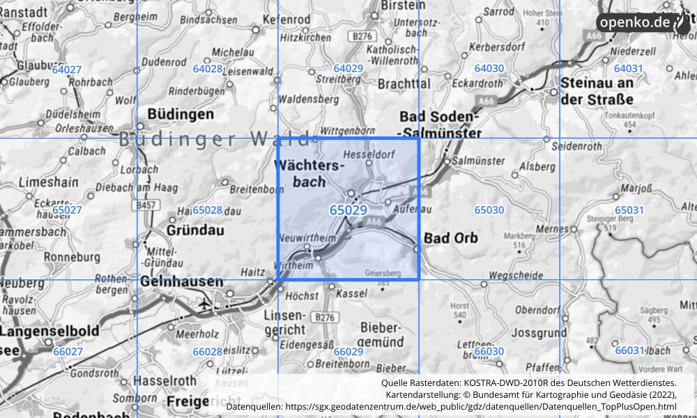 Übersichtskarte KOSTRA-DWD-2010R Rasterfeld Nr. 65029 mit angrenzenden Feldern