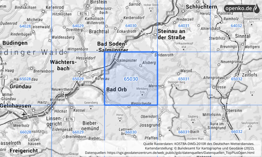 Übersichtskarte KOSTRA-DWD-2010R Rasterfeld Nr. 65030 mit angrenzenden Feldern