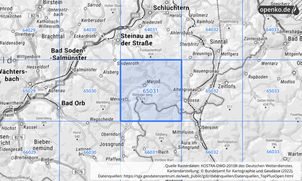 Übersichtskarte KOSTRA-DWD-2010R Rasterfeld Nr. 65031 mit angrenzenden Feldern