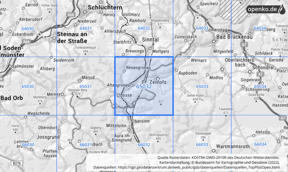 Übersichtskarte KOSTRA-DWD-2010R Rasterfeld Nr. 65032 mit angrenzenden Feldern