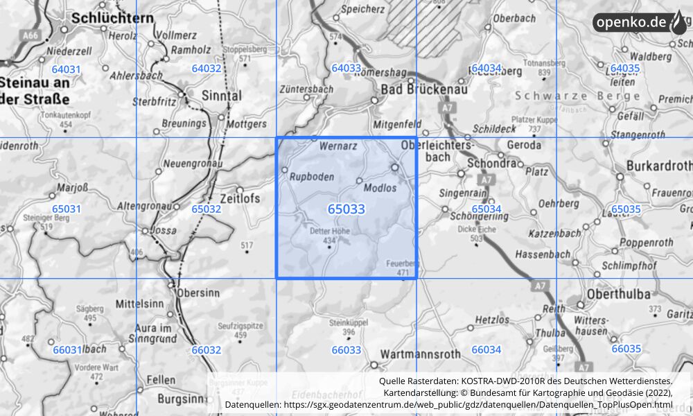 Übersichtskarte KOSTRA-DWD-2010R Rasterfeld Nr. 65033 mit angrenzenden Feldern