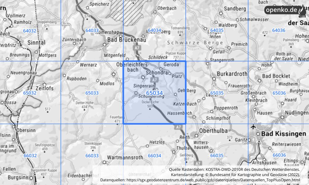 Übersichtskarte KOSTRA-DWD-2010R Rasterfeld Nr. 65034 mit angrenzenden Feldern