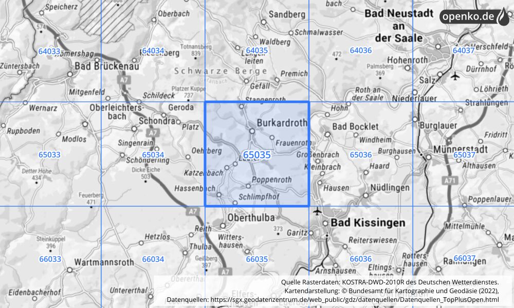 Übersichtskarte KOSTRA-DWD-2010R Rasterfeld Nr. 65035 mit angrenzenden Feldern