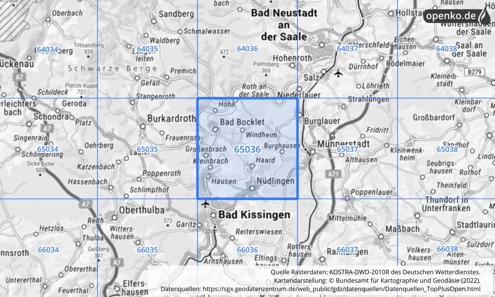 Übersichtskarte KOSTRA-DWD-2010R Rasterfeld Nr. 65036 mit angrenzenden Feldern