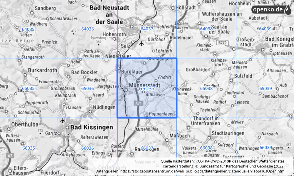 Übersichtskarte KOSTRA-DWD-2010R Rasterfeld Nr. 65037 mit angrenzenden Feldern