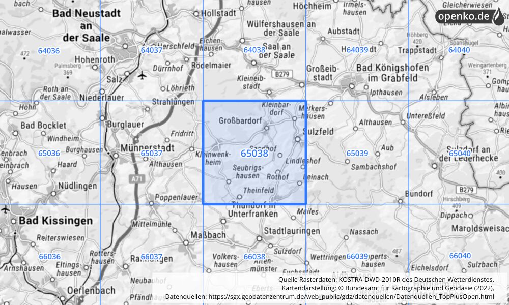 Übersichtskarte KOSTRA-DWD-2010R Rasterfeld Nr. 65038 mit angrenzenden Feldern