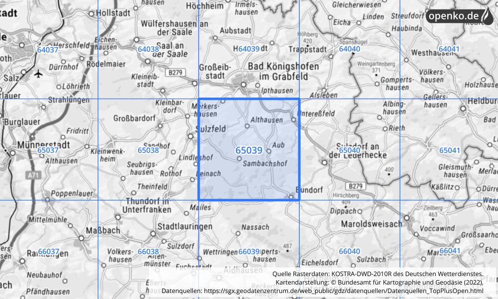 Übersichtskarte KOSTRA-DWD-2010R Rasterfeld Nr. 65039 mit angrenzenden Feldern