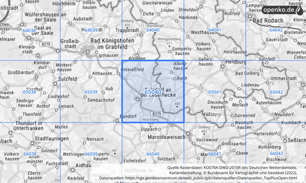 Übersichtskarte KOSTRA-DWD-2010R Rasterfeld Nr. 65040 mit angrenzenden Feldern