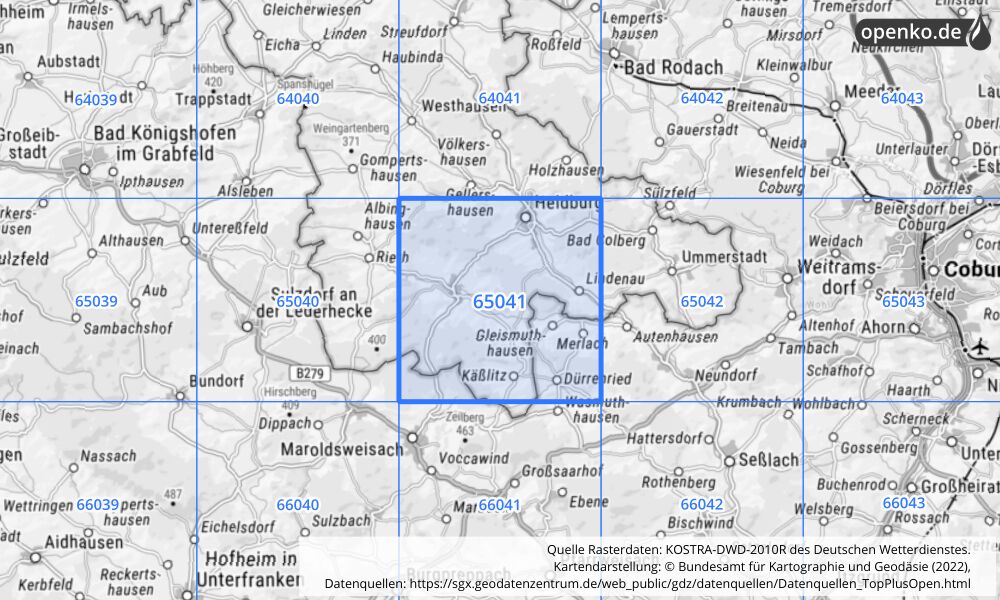 Übersichtskarte KOSTRA-DWD-2010R Rasterfeld Nr. 65041 mit angrenzenden Feldern