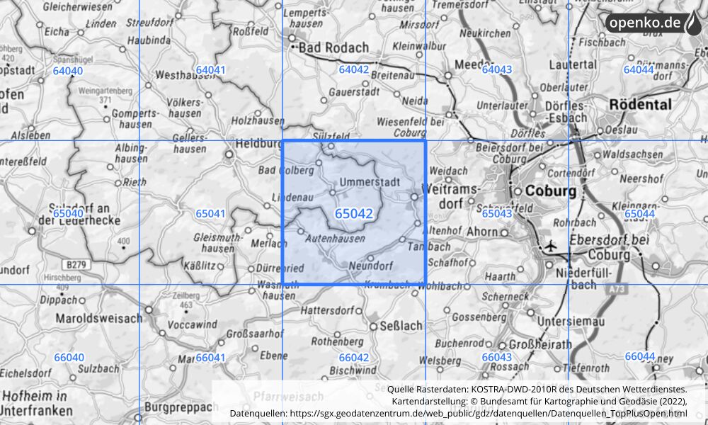 Übersichtskarte KOSTRA-DWD-2010R Rasterfeld Nr. 65042 mit angrenzenden Feldern