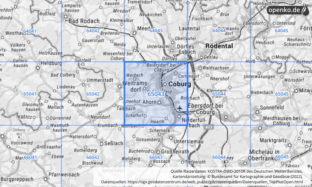 Übersichtskarte KOSTRA-DWD-2010R Rasterfeld Nr. 65043 mit angrenzenden Feldern