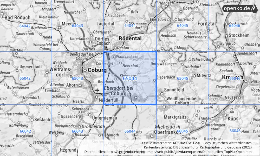 Übersichtskarte KOSTRA-DWD-2010R Rasterfeld Nr. 65044 mit angrenzenden Feldern