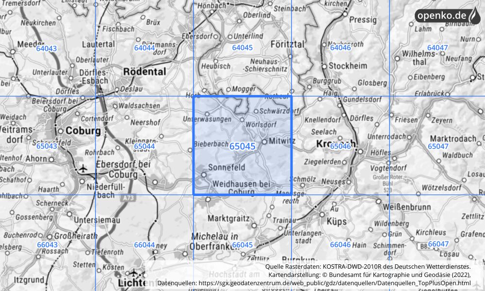 Übersichtskarte KOSTRA-DWD-2010R Rasterfeld Nr. 65045 mit angrenzenden Feldern