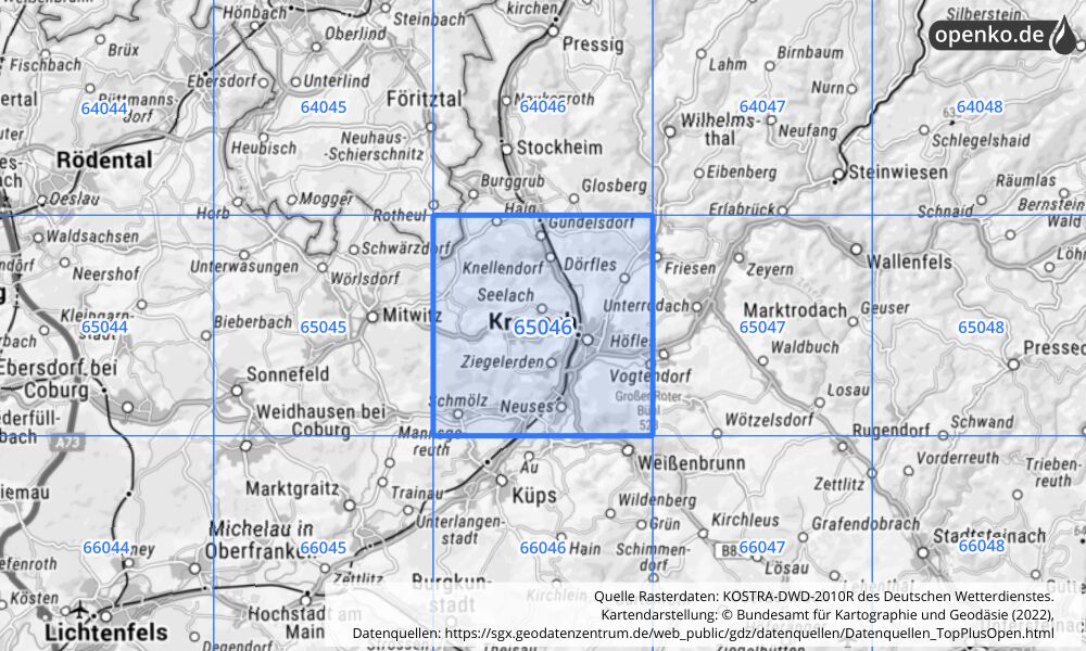 Übersichtskarte KOSTRA-DWD-2010R Rasterfeld Nr. 65046 mit angrenzenden Feldern