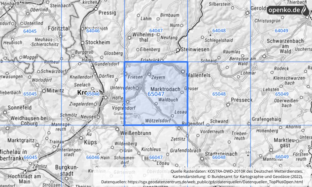 Übersichtskarte KOSTRA-DWD-2010R Rasterfeld Nr. 65047 mit angrenzenden Feldern