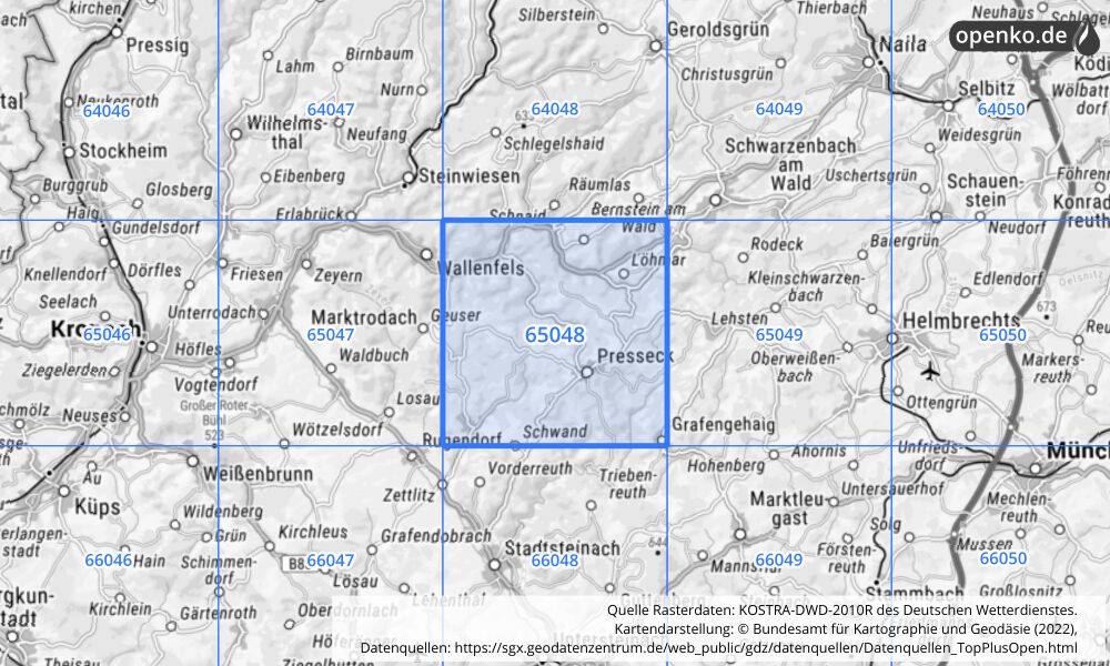 Übersichtskarte KOSTRA-DWD-2010R Rasterfeld Nr. 65048 mit angrenzenden Feldern