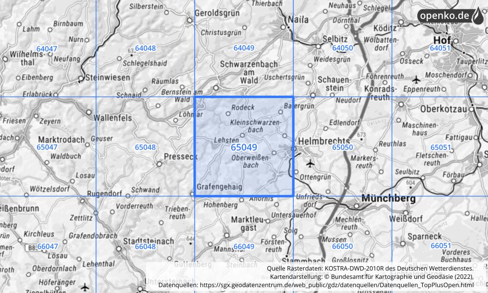 Übersichtskarte KOSTRA-DWD-2010R Rasterfeld Nr. 65049 mit angrenzenden Feldern