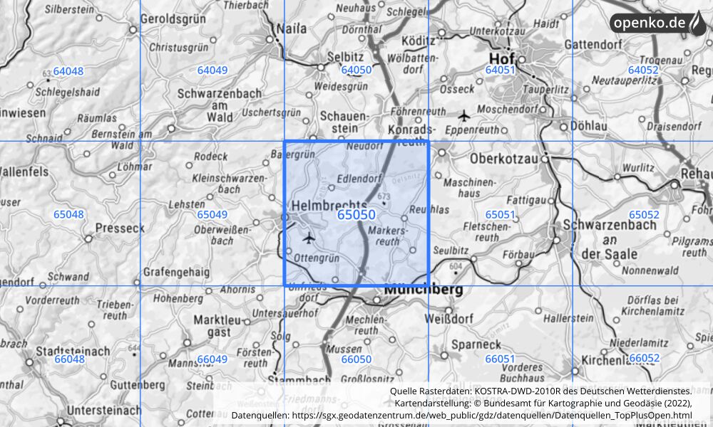 Übersichtskarte KOSTRA-DWD-2010R Rasterfeld Nr. 65050 mit angrenzenden Feldern