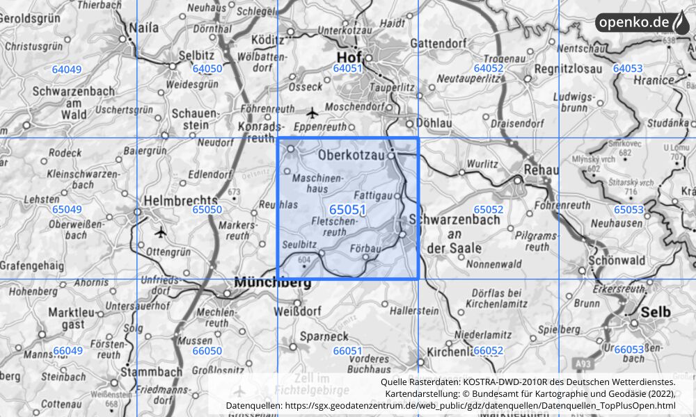 Übersichtskarte KOSTRA-DWD-2010R Rasterfeld Nr. 65051 mit angrenzenden Feldern