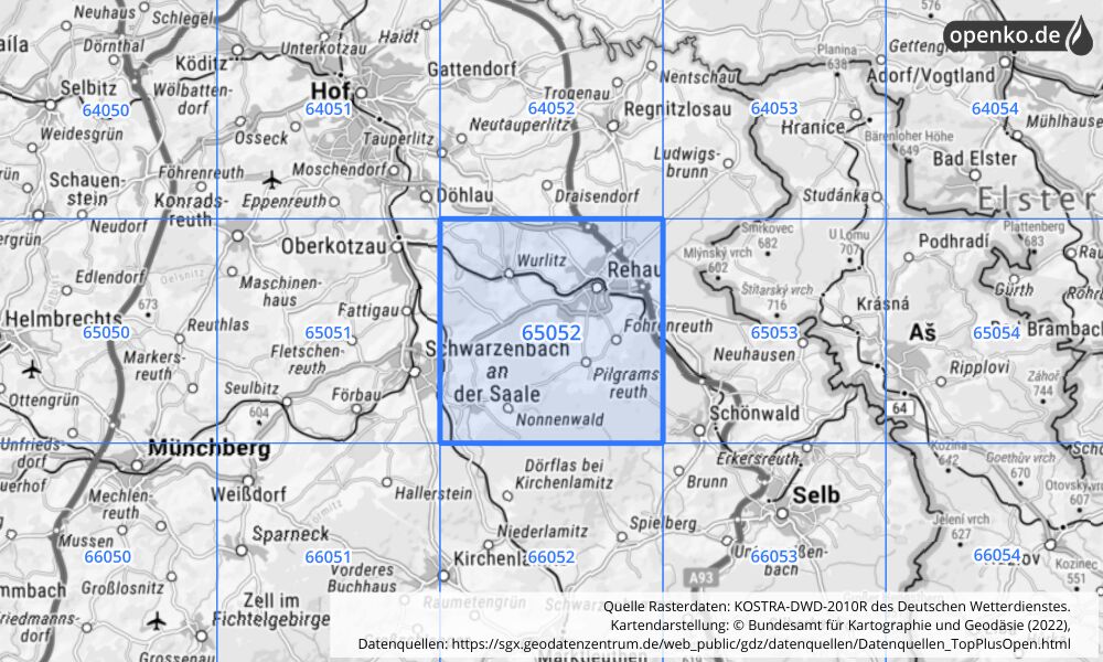 Übersichtskarte KOSTRA-DWD-2010R Rasterfeld Nr. 65052 mit angrenzenden Feldern