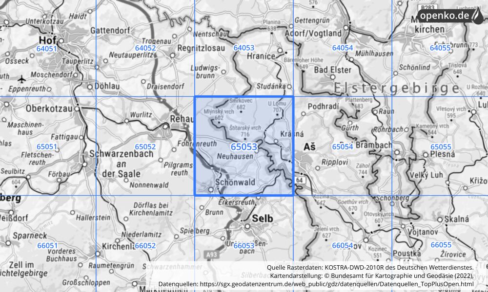 Übersichtskarte KOSTRA-DWD-2010R Rasterfeld Nr. 65053 mit angrenzenden Feldern