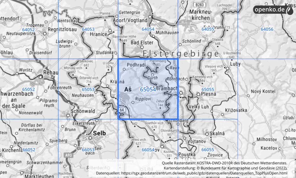 Übersichtskarte KOSTRA-DWD-2010R Rasterfeld Nr. 65054 mit angrenzenden Feldern