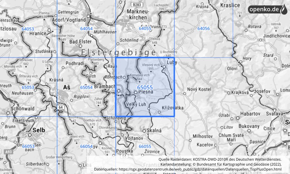 Übersichtskarte KOSTRA-DWD-2010R Rasterfeld Nr. 65055 mit angrenzenden Feldern