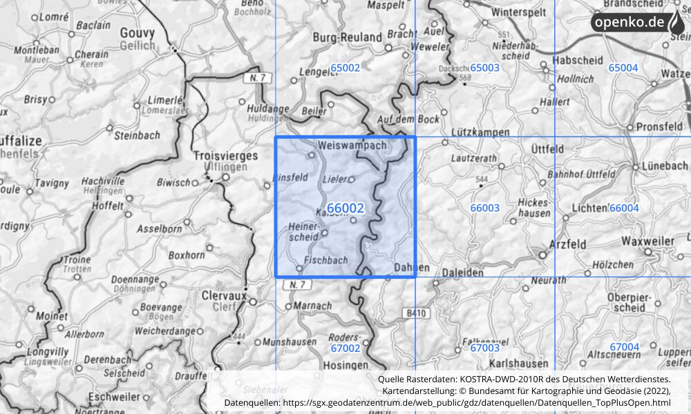 Übersichtskarte KOSTRA-DWD-2010R Rasterfeld Nr. 66002 mit angrenzenden Feldern