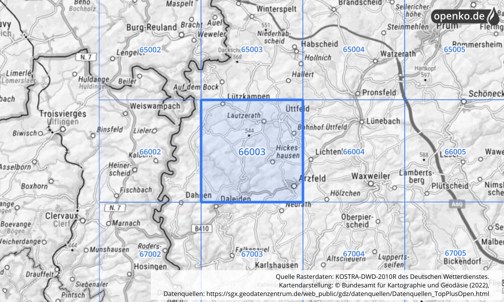 Übersichtskarte KOSTRA-DWD-2010R Rasterfeld Nr. 66003 mit angrenzenden Feldern