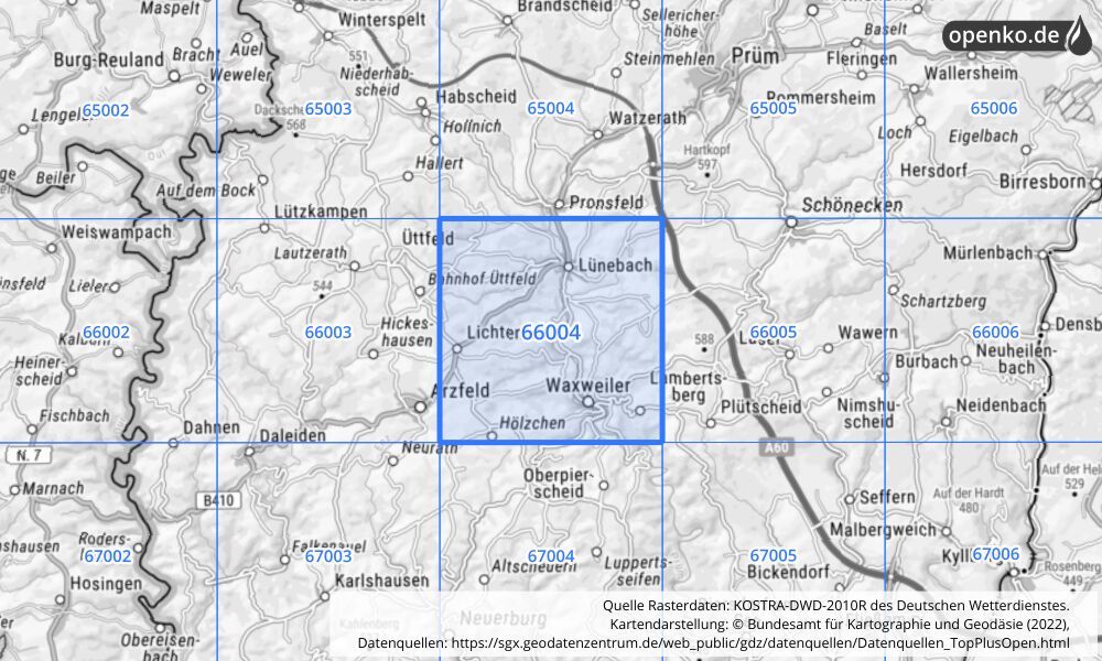 Übersichtskarte KOSTRA-DWD-2010R Rasterfeld Nr. 66004 mit angrenzenden Feldern