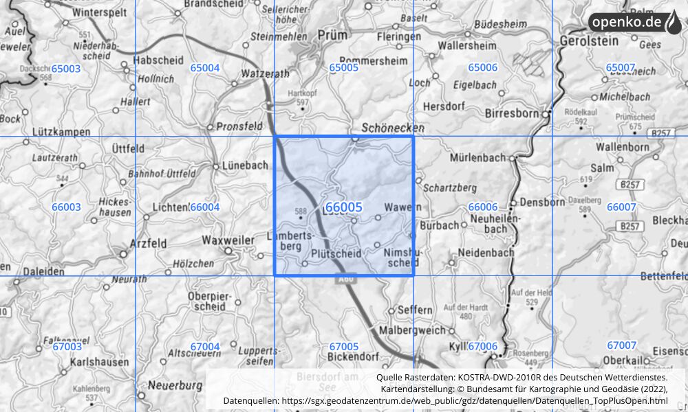 Übersichtskarte KOSTRA-DWD-2010R Rasterfeld Nr. 66005 mit angrenzenden Feldern