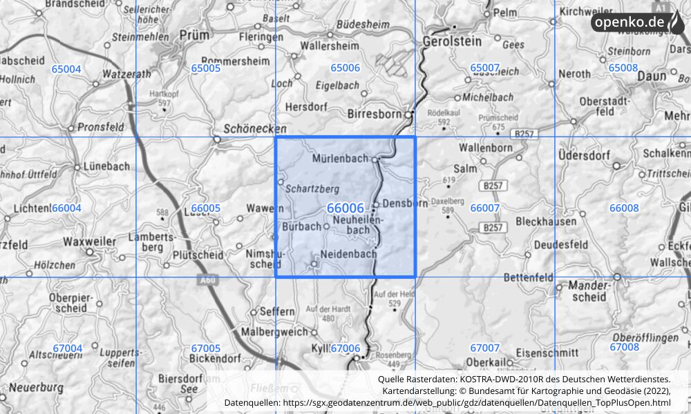 Übersichtskarte KOSTRA-DWD-2010R Rasterfeld Nr. 66006 mit angrenzenden Feldern