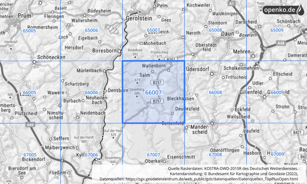 Übersichtskarte KOSTRA-DWD-2010R Rasterfeld Nr. 66007 mit angrenzenden Feldern